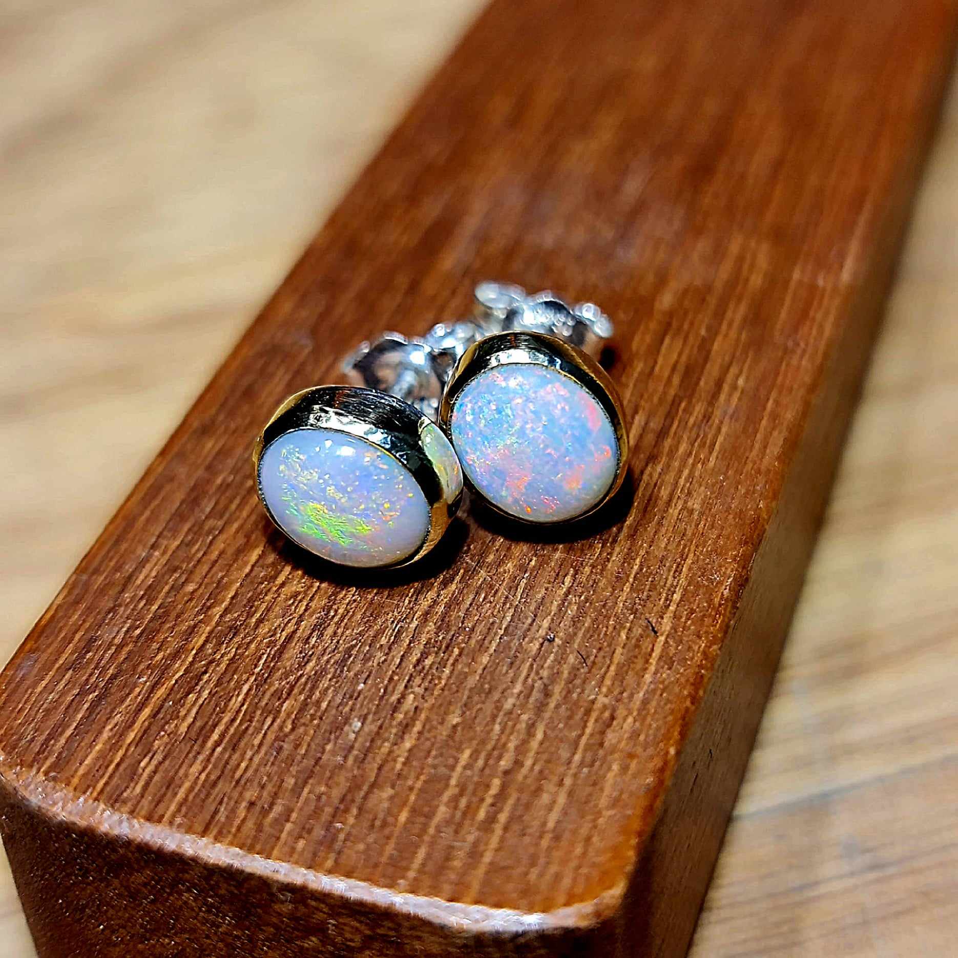 Coober Pedy Rainbow Red Opal Gold Earrings 083R